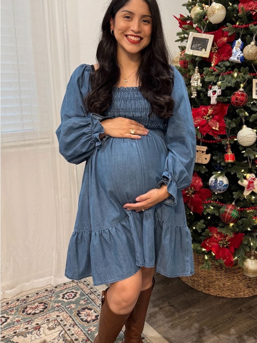 Smocked Blue Chambray Maternity Dress - Picture 4 of 5